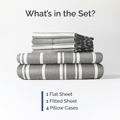 Queen 6 Piece Sheet Set - Comfy Breathable & Cooling - Soft Hotel Luxury Bedding Set with 8-16 Inch Deep Pockets - 1 Flat & 1 Fitted Sheet & 4 Pillowcases - Wrinkle Free & Easy Care - Grey Stripes 3