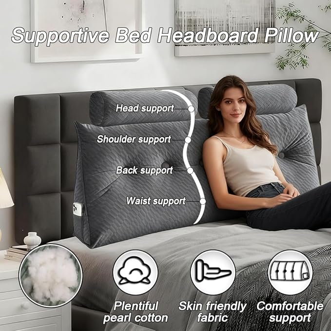 Velvet Triangular Headboard Wedge Pillow With Roll Pillow,Removable Cover Headboard Pillow Daybed Bunk Bed,Backrest Positioning Support Pillow Resting Reading Relaxing (Grey, Full(54 * 20 * 8in))