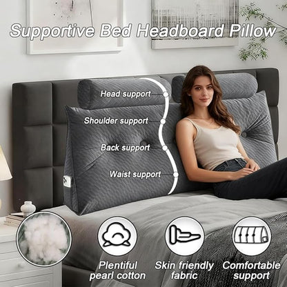 Velvet Triangular Headboard Wedge Pillow With Roll Pillow,Removable Cover Headboard Pillow Daybed Bunk Bed,Backrest Positioning Support Pillow Resting Reading Relaxing (Beige, King(76 * 20 * 8in))