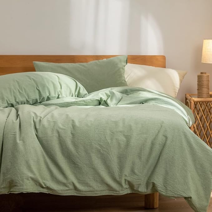 Green Duvet Cover King, 100% Washed Cotton Linen Like Textured Solid Casual Modern Style Sage Green Bedding Set, with Zipper Closure, Luxury Soft Relaxed Feel Natural Wrinkled Comfy (3pcs, King)