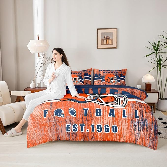 Erosebridal Football Bedding Set Queen Size Boys Girls Bed in A Bag,Gridiron Gifts for Sports Fans Women Men Seasonal Color City Comforter Sets with Sheets Rugby Sports Bed Set