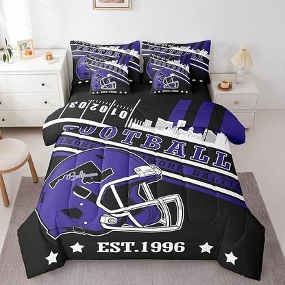 Erosebridal 3D Football Helmets Kids Comforter Set Queen Size Sports City Bedding, Rugby Decor Football Seasonal Comforter + Flat Sheet + Fitted Sheet + 2 Pillowcases + 2 Throw Pillow Covers