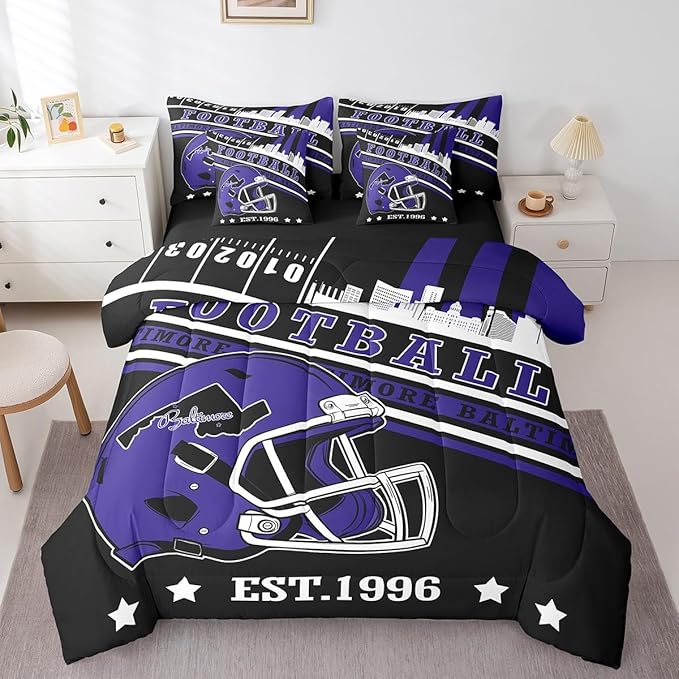 Erosebridal 3D Football Helmets Kids Comforter Set Full Size Sports City Bedding, Rugby Decor Football Seasonal Comforter + Flat Sheet + Fitted Sheet + 2 Pillowcases + 2 Throw Pillow Covers