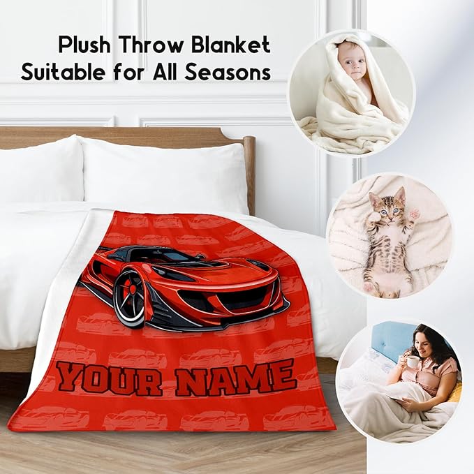 Personalized Racing Car Blanket, Cozy Soft Throw Gifts for Kids, Cute Red Flannel Throw Blankets for Bed Couch, 60x80 Inches
