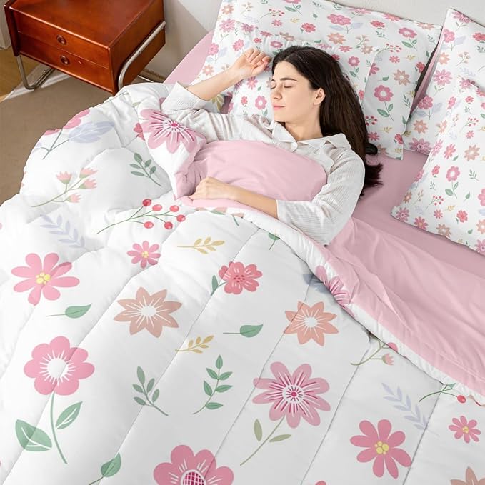Feelyou Cute Flower 7 Piece Bedding Set Fresh Flower Floral Comforter Set with Sheets for Kids Boys Girls Nature Plants Bed in a Bag Pink Green Bed Set Soft Lightweight