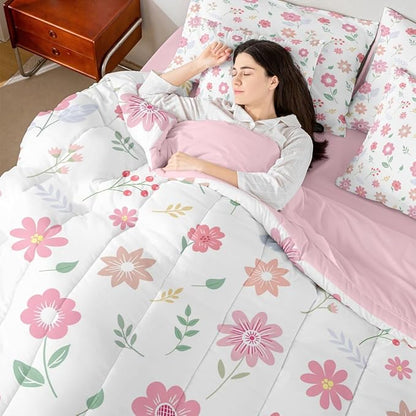 Feelyou Cute Flower 7 Piece Bedding Set Fresh Flower Floral Comforter Set with Sheets for Kids Boys Girls Nature Plants Bed in a Bag Pink Green Bed Set Soft Lightweight