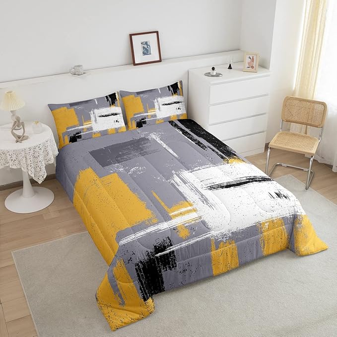 Feelyou Abstract Bedding Set Comforter Set for Kids Boys Children Modern Abstract Art Comforter Ultra Soft Decor Yellow Grey White Duvet Set Twin Size