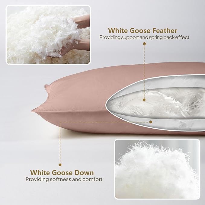 Goose Down Body Pillows for Adults, Large Body Pillow for Side Sleeper, Hugging Feather Body Pillow Insert, Cooling Full Length Long Pillow for Bed with 100% Organic Cotton Shell, (Pink 20"x72")