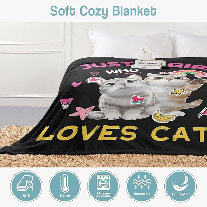 Kitten Lover Blanket, Just A Girl Who Loves Cats Blanket, Soft Warm Cozy Fleece Throw, Gifts for Girls Women Kids, 40"x50", Black
