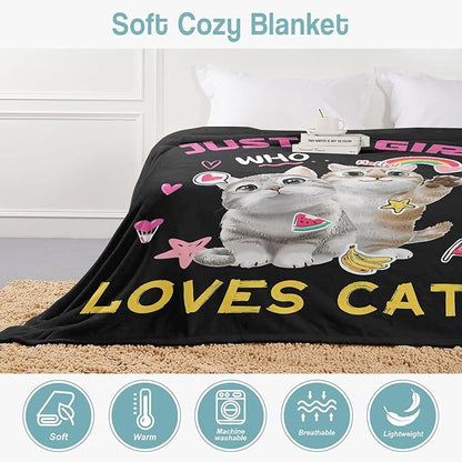 Kitten Lover Blanket, Just A Girl Who Loves Cats Blanket, Soft Warm Cozy Fleece Throw, Gifts for Girls Women Kids, 40"x50", Black