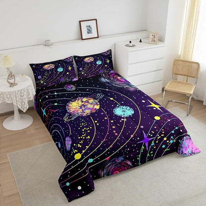 Feelyou Solar System Comforter Set Full Size Outer Space Comforter for Kids Teens Adults Universe Planets Bedding Set Cute Astronaut Purple Duvet Set Room Decor 3Pcs with 2 Pillow Case