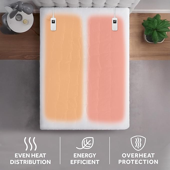 Sunbeam Premium Quilted Electric Heated Mattress Pad, 60" x 80", 12 Heat Settings, 12-Hour Auto Shut-Off, Machine Washable, Extra-Soft, White