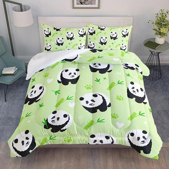 Kawaii Cartoon Black White Panda 3Pcs Bedding Animal Themed Comforter Queen Bamboo Heart Pattern Bedding Set for Kid Teen Girl Boy Bed Decor Green Paw Quilt with 1 Comforter and 2 Pillowcases