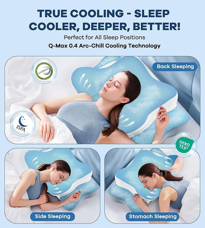 Cervical Pillow for Neck Pain Relief, Cooling Ergonomic Memory Foam Pillow with Ice Silk Pillowcase, Dual-Height Orthopedic Contour Support Pillow for Side,Back,Stomach Sleepers, CertiPUR-US Certified