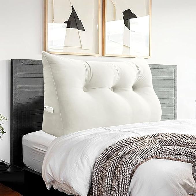 Headboard Wedge Pillow Large Reading Pillow Twin Size Bed Rest Back Support Pillow for Sitting up in Bed Daybed Couch Backrest Cushion Velvet Off-White
