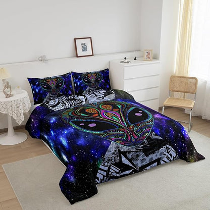 Feelyou Alien Printed Comforter Kids Galaxy Outer Space Themed Bedding Set Boys Girls Trippy Alien Hippie Skull Decor Comforter Set Colorful Tie Dye Quilted Duvet Bedroom Bed Set Full Size…