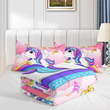 Kid Unicorn Butterfly Comforter Set Twin Size 3Pcs Rainbow Glitter Star Bedding Set White Cloud Quilt Bed Set for Boys Girls with 1 Comforter and 2 Pillowcases