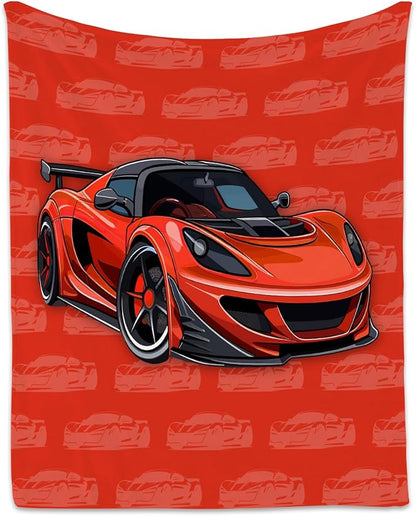 Racing Car Blanket, Cozy Soft Throw Gifts for Kids, Cute Red Flannel Throw Blankets for Bed Travel, 50x60 Inches