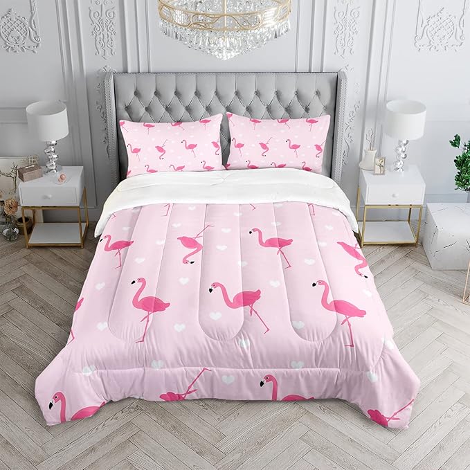 Flamingo Comforter Set Twin Size Tropical Pink Flamingo Love Heart Pattern Bedding Set Kawaii Quilted Duvet for Kids Girls Boys Adult with 1 Comforter and 2 Pillowcases