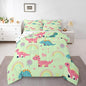 Castle Fairy Kawaii Dino Bedding Sets Full Size,Cute Rainbow Floral Love Heart Reversible Down Comforter Breathable Polyester Quilt Set,Pink Green Dinosaur Lovely Animal Duvet Insert,2 Pillowcases