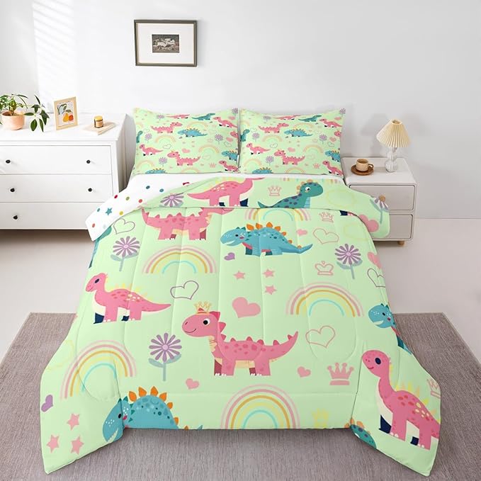 Castle Fairy Kawaii Dino Kids Comforter Set King Size,Cute Rainbow Floral Love Heart Reversible Quilted Duvet with 2 Pillowcases Pink Green Dinosaur Lovely Animal Comforter for Boys Teens Bedroom
