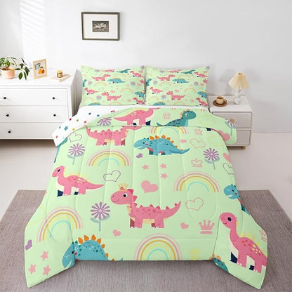 Castle Fairy Kawaii Dino Kids Comforter Set Twin Size,Cute Rainbow Floral Love Heart Reversible Bedding Sets for Teens Bedroom Decor,Pink Green Dinosaur Lovely Animal Quilted Duvet,1 Pillowcase