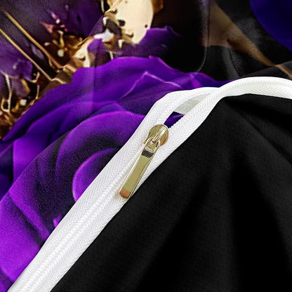 Golden Skull and Purple Roses King Size Duvet Cover Set Flowers Comforter-Cover and Pillowcases Black Background Gothic and Florals Print Bedding Set Bedroom Decor