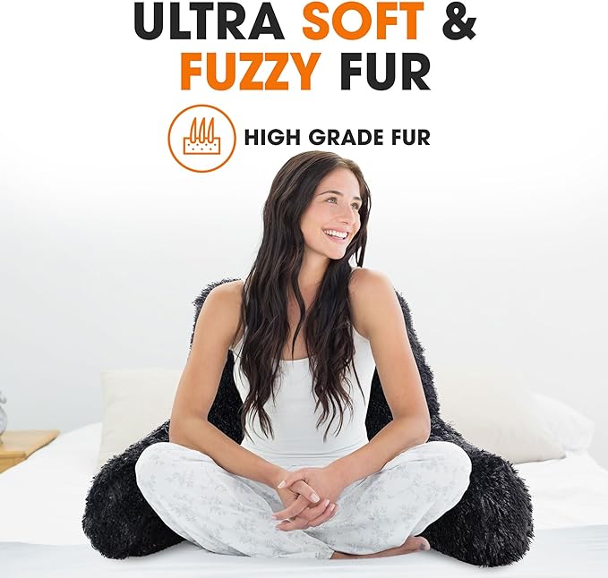 Cheer Collection Fluffy Reading Pillow Chair - Shaggy Hair Chair Pillow with Arms for Bed & Couch, Black