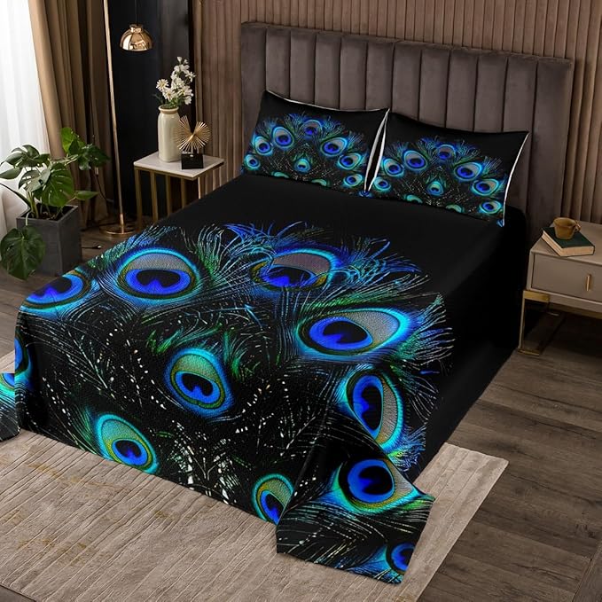 Erosebridal Peacock Feather Coverlet Set Wild Animal Bedspread for Boys Girls Youth,Wildlife Bedding Set Fashion Novelty Luxury Bedroom Decor Twin Size Blue Green Teal Black