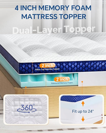 BEDELITE Queen Mattress Topper Dual Layer 4 Inch Memory Foam Mattress Topper, 2 Inch Pilow Top Mattress Pad and 2 Inch Premium Gel Foam Mattress, with Stretchable Pockets Up to 6"-24"