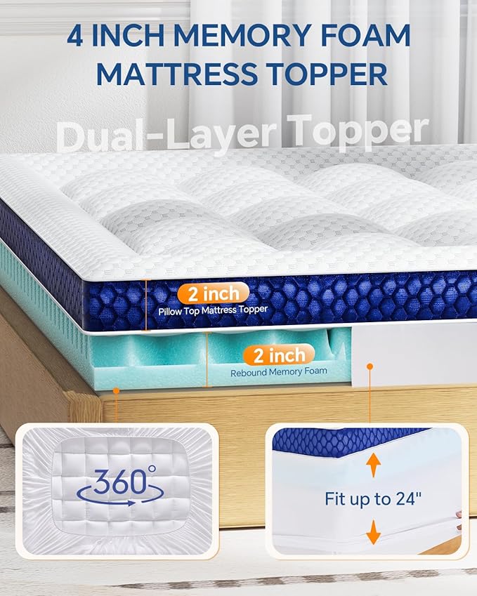 BEDELITE King Mattress Topper Dual Layer 4 Inch Memory Foam Mattress Topper, 2 Inch Pilow Top Mattress Pad and 2 Inch Premium Gel Foam Mattress, with Stretchable Pockets Up to 6"-24"