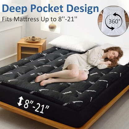 Favorland Mattress Topper Queen Size - Cooling Extra Thick Breathable Viscose Made from Bamboo Mattress pad - Soft Quilted Fitted Mattress Cover with 900 GSM Down Alternative Fill (8-21”Deep Pocket)