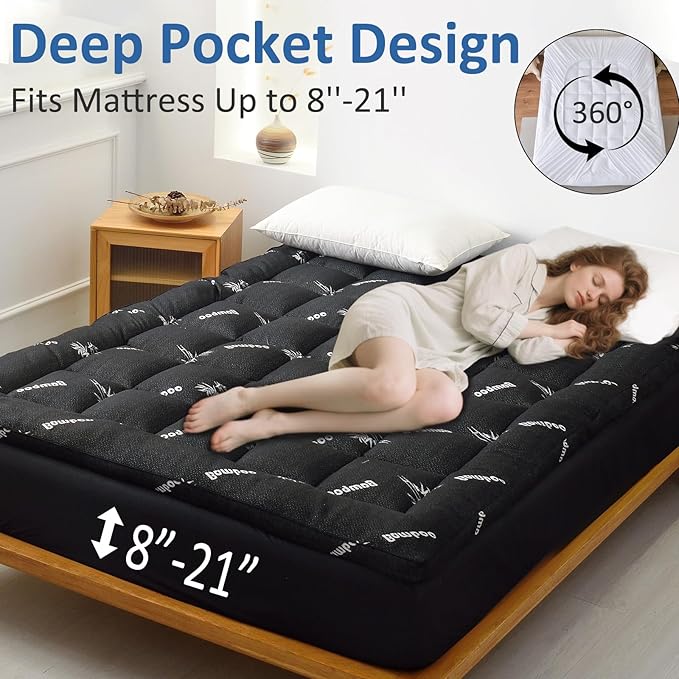 Favorland Mattress Topper King Size - Cooling Extra Thick Breathable Viscose Made from Bamboo Mattress pad - Soft Quilted Fitted Mattress Cover with 900 GSM Down Alternative Fill (8-21”Deep Pocket)