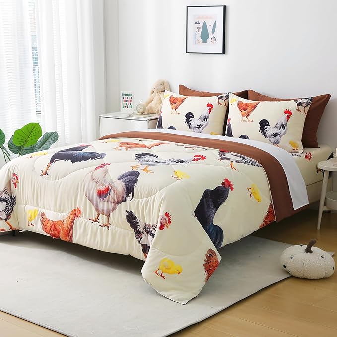 Wajade Chicken Comforter Set 7 Pcs Animal Theme Bedding Set Queen Size for Kids Adults Chicken Quilt Farm Theme Printed Pattern for Thanksgiving Birthday
