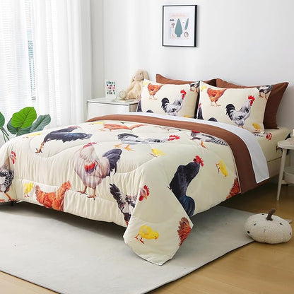 Wajade Chicken Comforter Set 7 Pcs Animal Theme Bedding Set Full Size for Kids Adults Chicken Quilt Farm Theme Printed Pattern for Thanksgiving Birthday