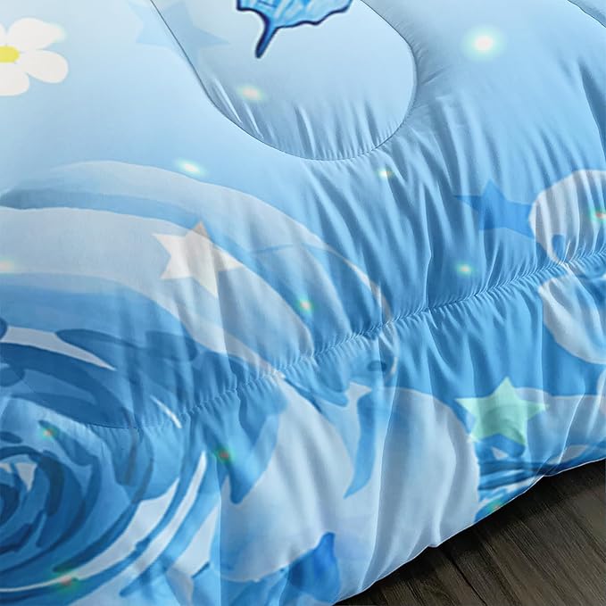 Cartoon Axolotl Comforter Twin Size,Cute Ocean Animal Bedding Set for Teens Girls Room Decor,Blue Comforter Set with 2 Pillowcases.