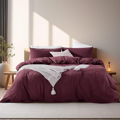 NEXHOME PRO Duvet Cover Set 100% Washed Cotton Full Size Linen Feel Textured Organic Natural 3 Pieces Bedding Set with Zipper Closure and Corner Ties, Breathable and Soft (Burgundy Red, No Comforter)