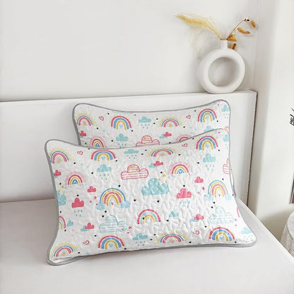 QOOMO Rainbow Quilt Set King Size,Clouds Bedspread Coverlet Set,Colorful Rainbow 3Pcs Bedding Set Printed Quilt with 2 Pillowcases,Soft and Lightweight,for All Seasons