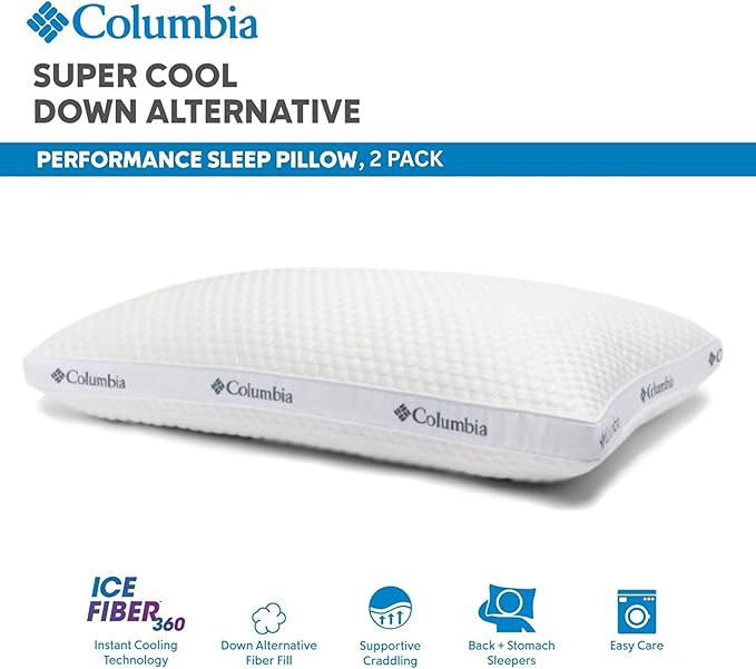 Columbia Comfort Ice Fiber Side Sleeper Down Alternative Bed Pillow with Polyester Fiberfill, Supportive Cooling Double Sided Breathable Cover (Back & Stomach Sleeper, King (Pack of 2))