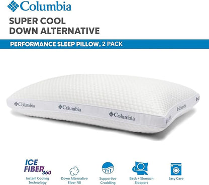 Columbia Comfort Ice Fiber Side Sleeper Down Alternative Bed Pillow with Polyester Fiberfill, Supportive Cooling Double Sided Breathable Cover (Back & Stomach Sleeper, King (Pack of 2))
