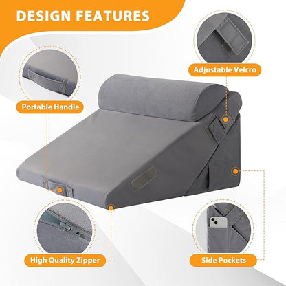 3PCS Wedge Pillow Set for After Surgery, Adjustable 9&12 Inch Bed Wedge Pillow for Sleeping, Incline Pillow Wedge for Headboard, Post Surgery, Acid Reflux, Neck&Back Support, Velvet