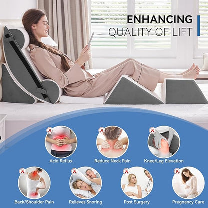 Wedge Pillow Set for After Surgery, 7 PCS Bed Wedge Pillow for Sleeping, Memory Foam Orthopedic Back Pillow for Pain Relief and Acid Reflux, Adjustable Post Surgery Pillow Grey