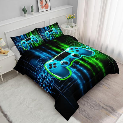 Green Gamepad Comforter Set 3D Gamepad Printed Bedding Set with 1 Comforter and 2 Pillowcases for Boys and Girls Bedroom All Season(Gamepad Full)