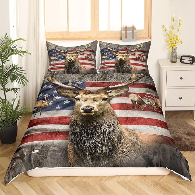 Wild Deer Duvet Cover Set Twin Size, Animal Deer Antler Tree Branch Nature Soft Bedding Set, Rustic American Flag Stars and Stripes Print Polyetser Quilt Cover with 1 Pillowcase (No Comforter)