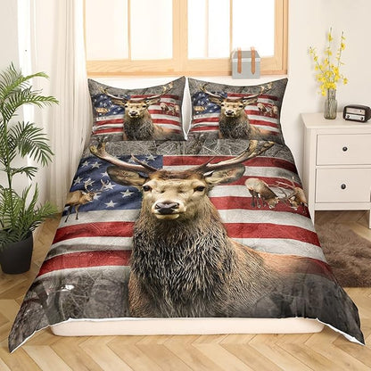Deer Antler Wildlife Duvet Cover Set King Size, Rustic Animal Tree Branch Natural Bedding Set with 2 Pillowcases, Red Blue Stripes Stars American Flag Print Quilt Cover for Bedroom (No Comforter)
