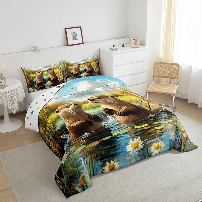 3D Otter Comforter Set King Size 3 Pcs Oil Painting Style Pond Natural Scenery Bedding Sets for Kids Teens Adults Retro Daisy Watercolor Plants Rustic Style Down Comforter with 2 Pillowcases
