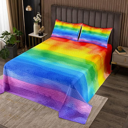 Erosebridal Rainbow Bedspread King Size Abstract Watercolor Coverlet Set, Pastel Colorful Decor Bedding Set, Decorative 3 Pcs Bedding Set with 2 Pillowcases, Watercolor