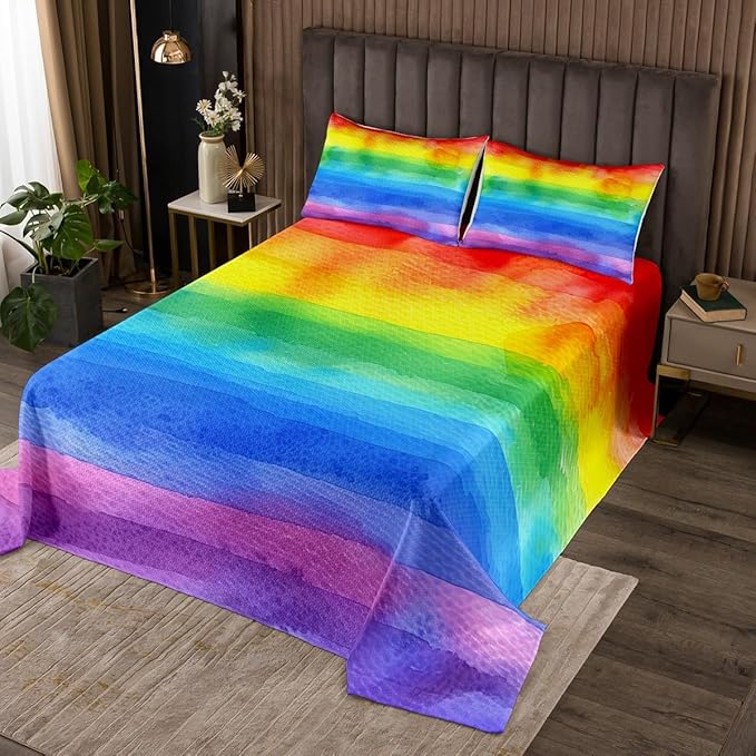Erosebridal Rainbow Bedspread Queen Size Abstract Watercolor Coverlet Set, Pastel Colorful Decor Bedding Set, Decorative 3 Pcs Bedding Set with 2 Pillowcases, Watercolor
