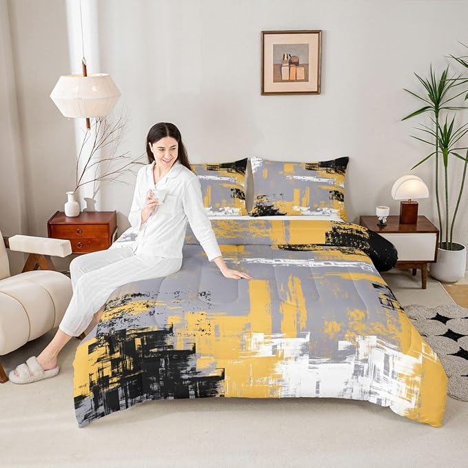 Feelyou Abstract Bedding Set Kids Modern Abstract Art Comforter Set Yellow Grey Black Comforter for Boys Room Decor Lightweight Retro Duvet Set Queen Size with 2 Pillow Case