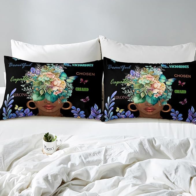 Girl African Duvet Cover Set Full Size,African Style American Inspirational Quotes Bedding Set Kids Girls Women Room Decor,Watercolor Flowers Butterfly Comforter Cover Black Fashion Quilt Cover 3pcs